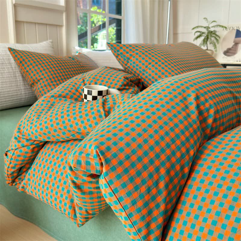 Ownkoti Small Check Gingham Cotton Bedding Set - Orange & Green - 2PCS Pillowcases - 19" x 29" - image 10