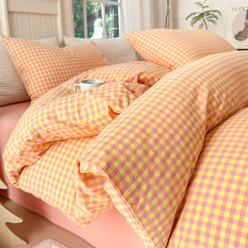 Ownkoti Small Check Gingham Cotton Bedding Set - Pink & Yellow - 2PCS Pillowcases - 19" x 29" - image 6