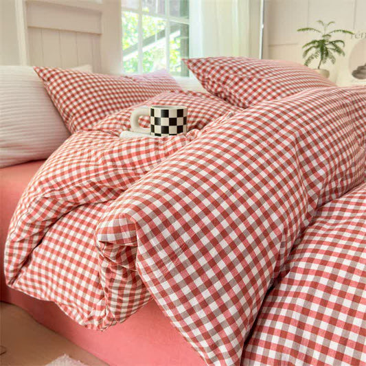 Ownkoti Small Check Gingham Pure Cotton Bedding Set - Orange & Red - 2PCS Pillowcases - 19" x 29" - image 0
