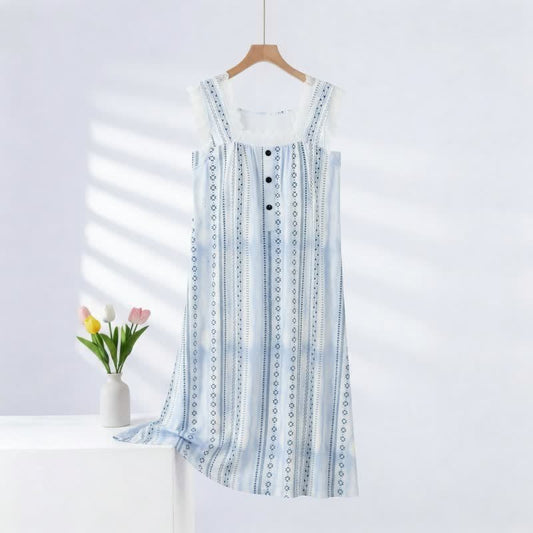 Ownkoti Square Neck Striped Floral Sleeveless Nightgown - Blue - 2XL - image 0