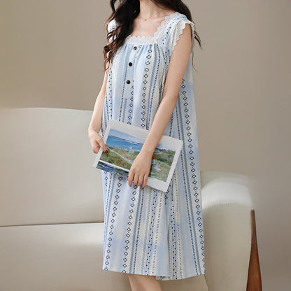 Ownkoti Square Neck Striped Floral Sleeveless Nightgown - image 2