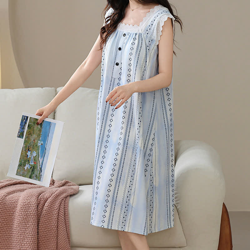 Ownkoti Square Neck Striped Floral Sleeveless Nightgown - image 1