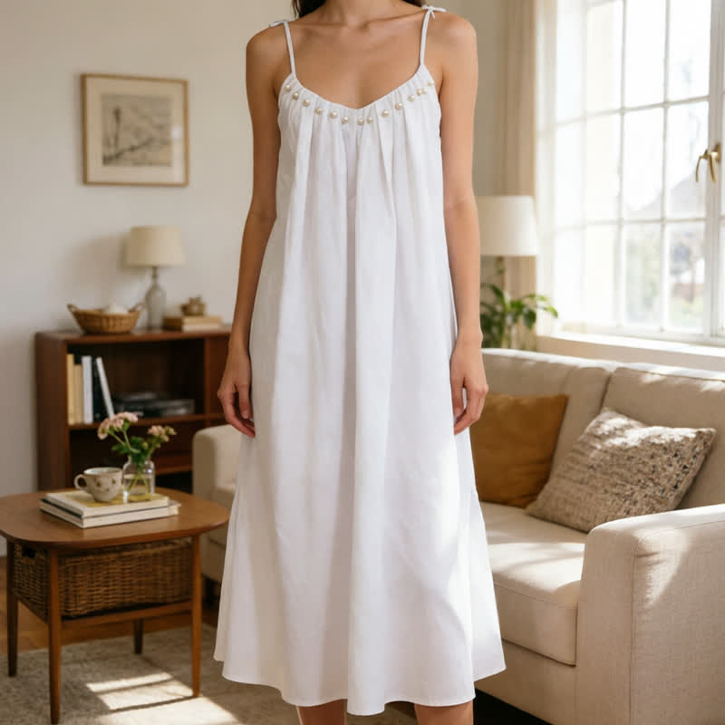 Ownkoti Solid Color Cotton Sleeveless Tie Strap Nightgown - image 8