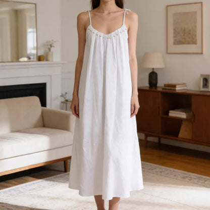 Ownkoti Solid Color Cotton Sleeveless Tie Strap Nightgown - White - XL - image 7