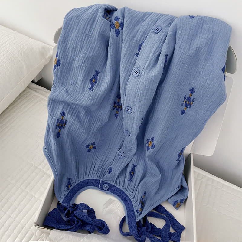 Ownkoti Blue Cotton Gauze Tie Strap Nightgown - image 5