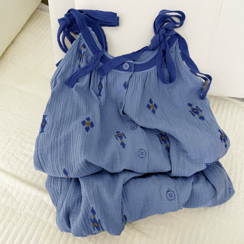 Ownkoti Blue Cotton Gauze Tie Strap Nightgown - image 3