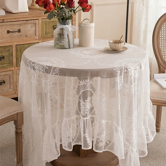 Ownkoti Romantic Floral Lace Ruffled Edge Tablecloth - 59" x 118" - Rectangle - White - image 0