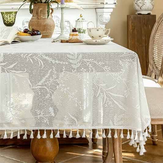 Ownkoti Romantic Floral Leaf  Lace Tassel Tablecloth - 55" x 102" - White - image 0