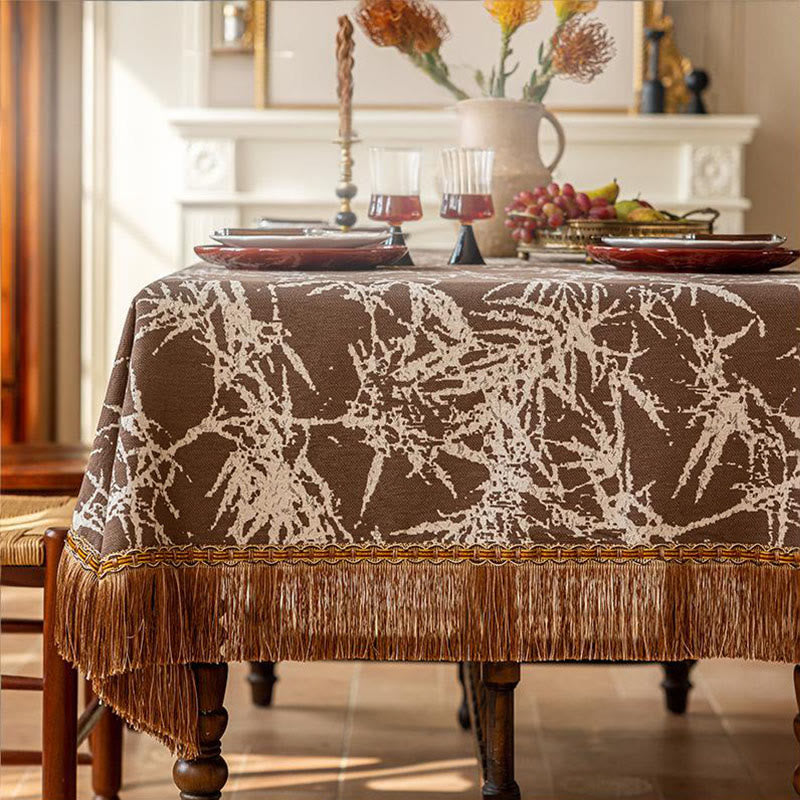 Ownkoti Vintage Bamboo Jacquard Tassel Tablecloth - 112" - Round - Brown - image 6