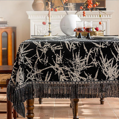 Ownkoti Vintage Bamboo Jacquard Tassel Tablecloth - 112" - Round - Black - image 3