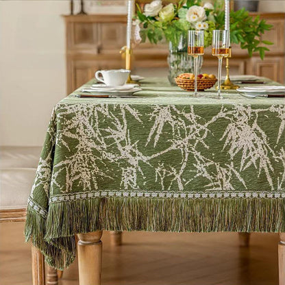 Ownkoti Vintage Bamboo Jacquard Tassel Tablecloth - 112" - Round - Green - image 0