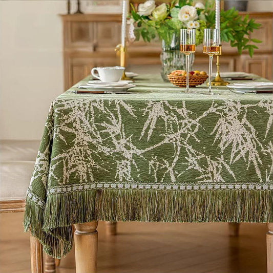 Ownkoti Vintage Bamboo Jacquard Tassel Tablecloth - 112" - Round - Green - image 0