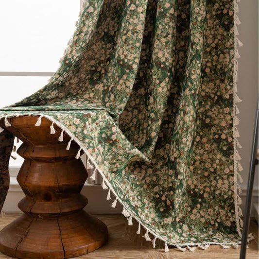 Ownkoti Cottage Style Green Floral Tassel Curtain - Hook - 59"W x 118"L - image 0