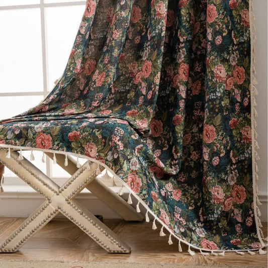 Ownkoti Cottage Style Peony Floral Tassel Curtain - Hook - 59"W x 118"L - image 0