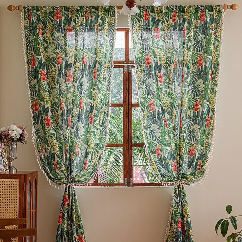 Ownkoti Monstera & Floral Print Tassel Curtains(2PCS) - 55"W x 86"L - image 0