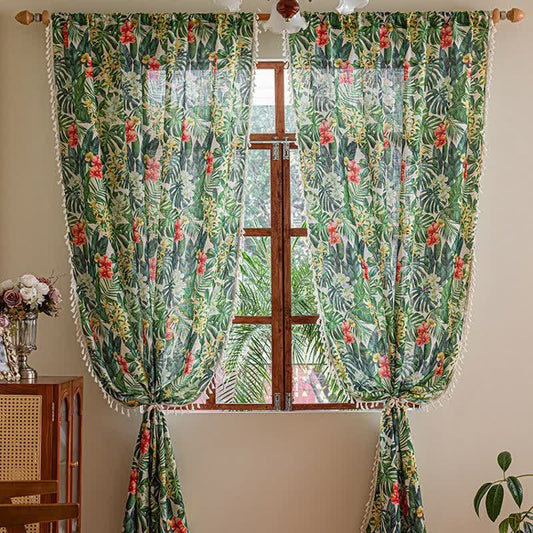 Ownkoti Monstera & Floral Print Tassel Curtains(2PCS) - 55"W x 86"L - image 0