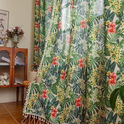 Ownkoti Monstera & Floral Print Tassel Curtains(2PCS) - image 3