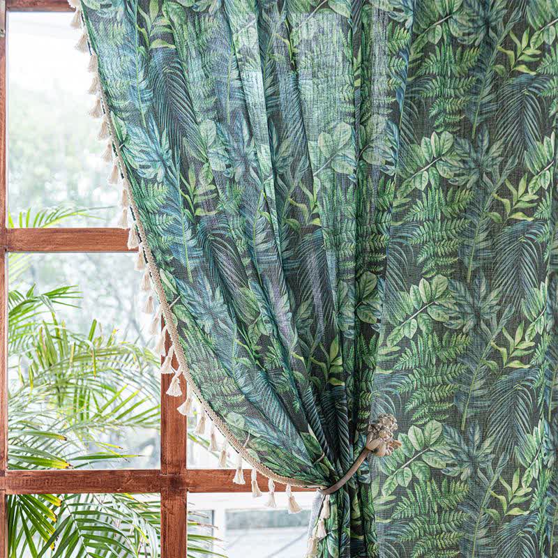 Ownkoti Tropical Jungle Leaf Print Tassel Curtain - image 2
