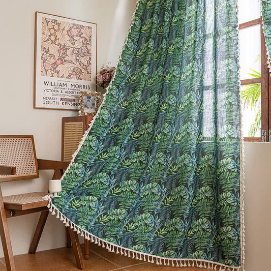 Ownkoti Tropical Jungle Leaf Print Tassel Curtain - 52"W x 96"L - image 0