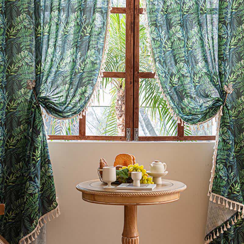 Ownkoti Tropical Jungle Leaf Print Tassel Curtain - image 1