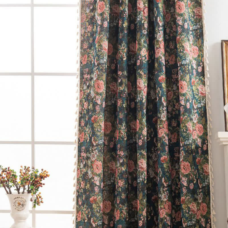Ownkoti Cottage Style Peony Floral Tassel Curtain - image 1