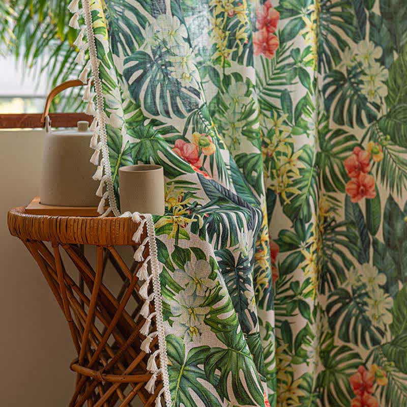 Ownkoti Monstera & Floral Print Tassel Curtains(2PCS) - image 7