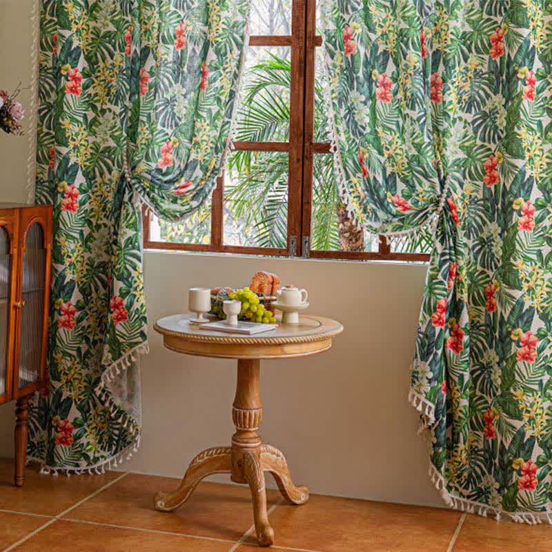 Ownkoti Monstera & Floral Print Tassel Curtains(2PCS) - image 2