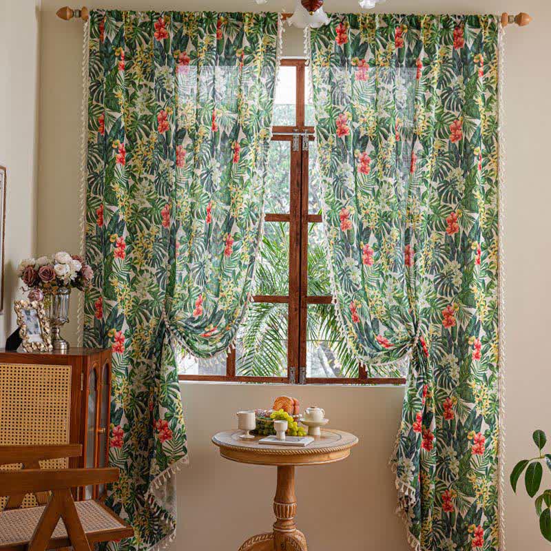 Ownkoti Monstera & Floral Print Tassel Curtains(2PCS) - image 1