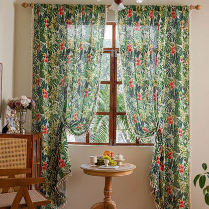 Ownkoti Monstera & Floral Print Tassel Curtains(2PCS) - image 1