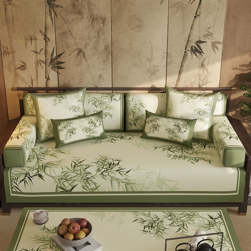 Ownkoti Vintage Green Bamboo Leaf Sofa Slipcover - Sofa Protector - 43" x 110" - image 0