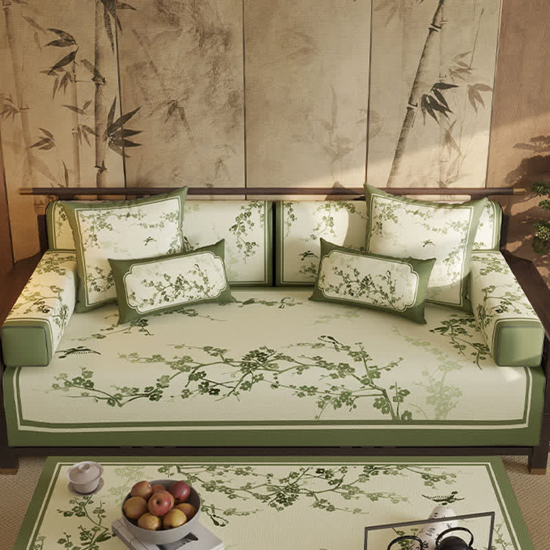 Ownkoti Vintage Green Plum Blossom Sofa Slipcover - Sofa Protector - 43" x 110" - image 0