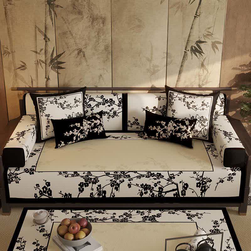 Ownkoti Oriental Plum Blossom Bordered Sofa Slipcover - Sofa Protector - 43" x 110" - image 0