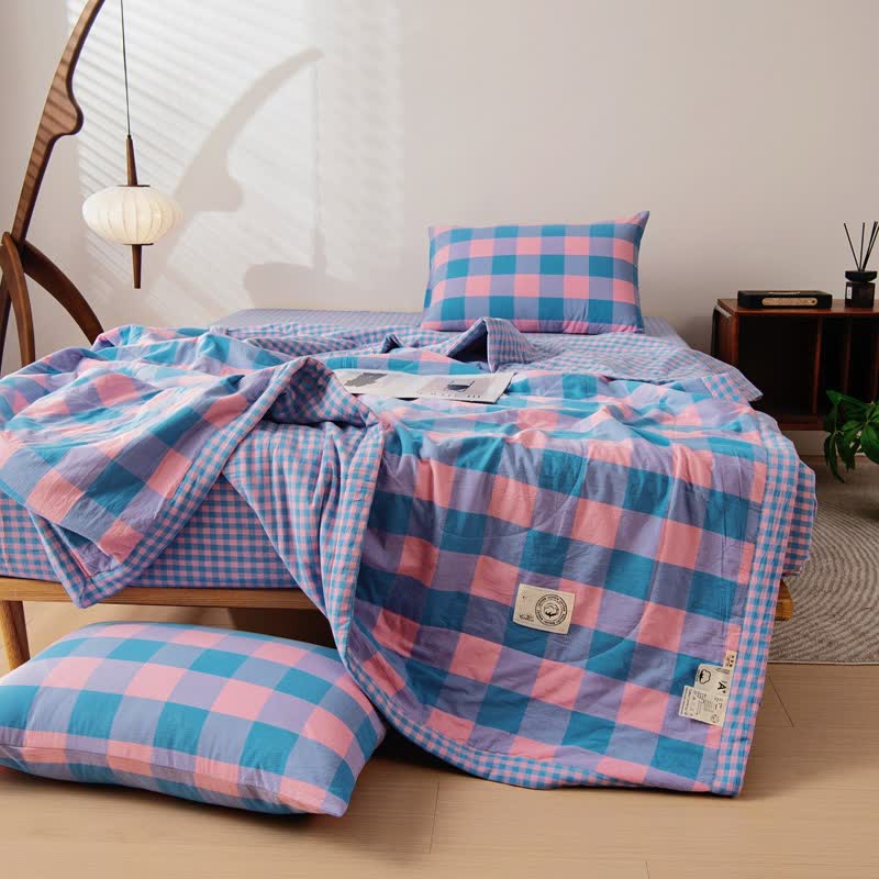 Ownkoti Yarn-dyed Plaid Pure Cotton Vintage Bedding - Blue & Pink - Sheet with 2pcs Pillowcases - King - image 11
