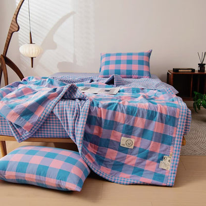 Ownkoti Yarn-dyed Plaid Pure Cotton Vintage Bedding - Blue & Pink - Sheet with 2pcs Pillowcases - King - image 11