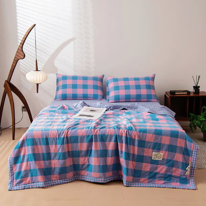 Ownkoti Yarn-dyed Plaid Pure Cotton Vintage Bedding - Blue & Pink - 2pcs Pillowcases - 19"W x 29"L - image 12