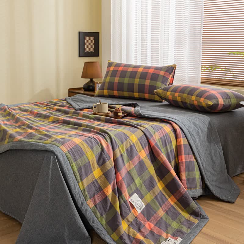 Ownkoti Yarn-dyed Plaid Pure Cotton Vintage Bedding - Gray - Sheet with 2pcs Pillowcases - King - image 9