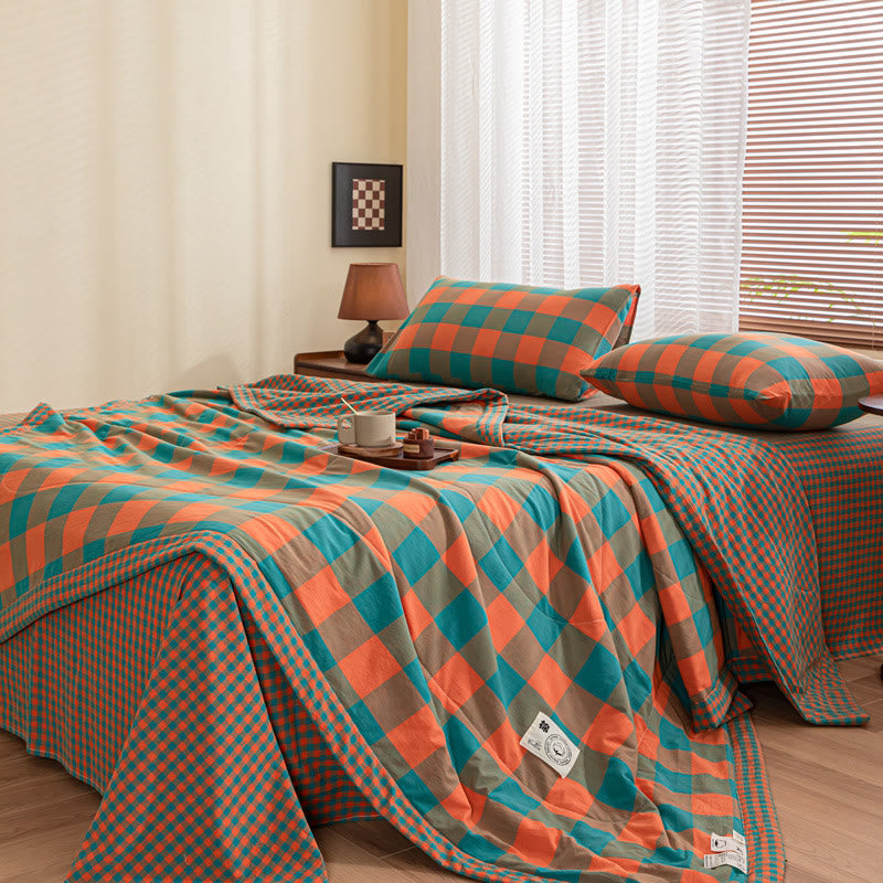 Ownkoti Yarn-dyed Plaid Pure Cotton Vintage Bedding - Green & Orange - Sheet with 2pcs Pillowcases - King - image 4