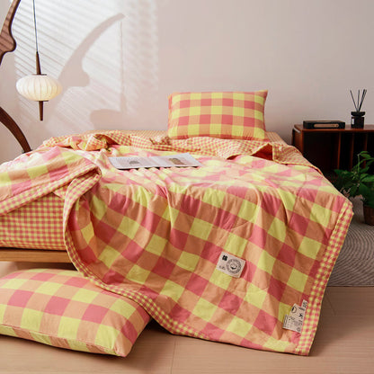 Ownkoti Yarn-dyed Plaid Pure Cotton Vintage Bedding - Yellow & Coral Pink - Bedding Set - King - image 1