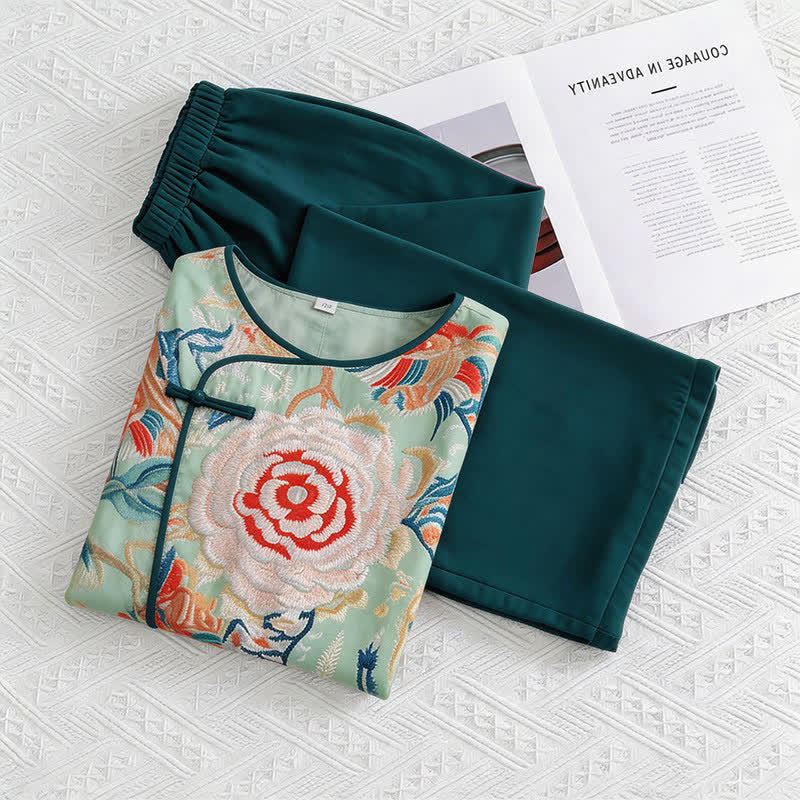 Ownkoti Retro Floral Eastern-Inspired Loungewear Set - Green - M - image 0