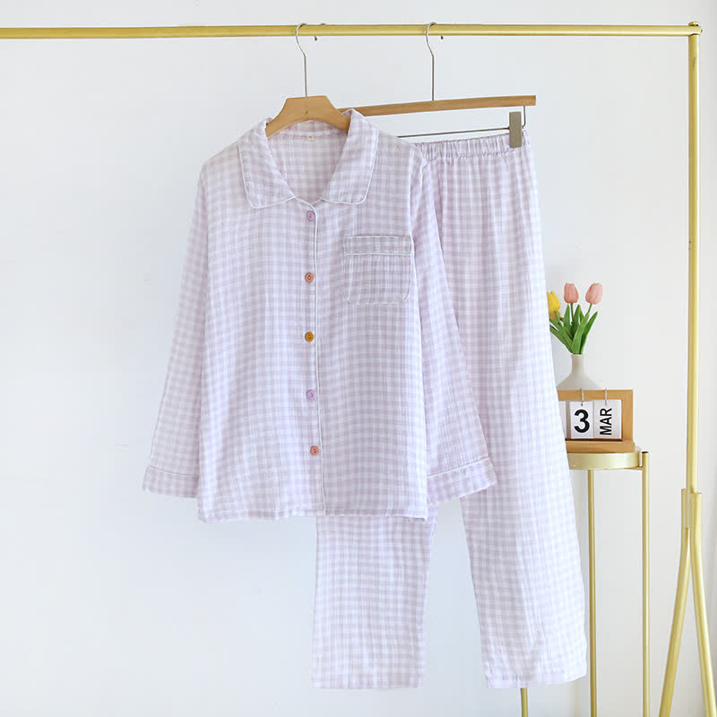 Ownkoti Gingham Pure Cotton Pajama Set - Purple - XL - image 16