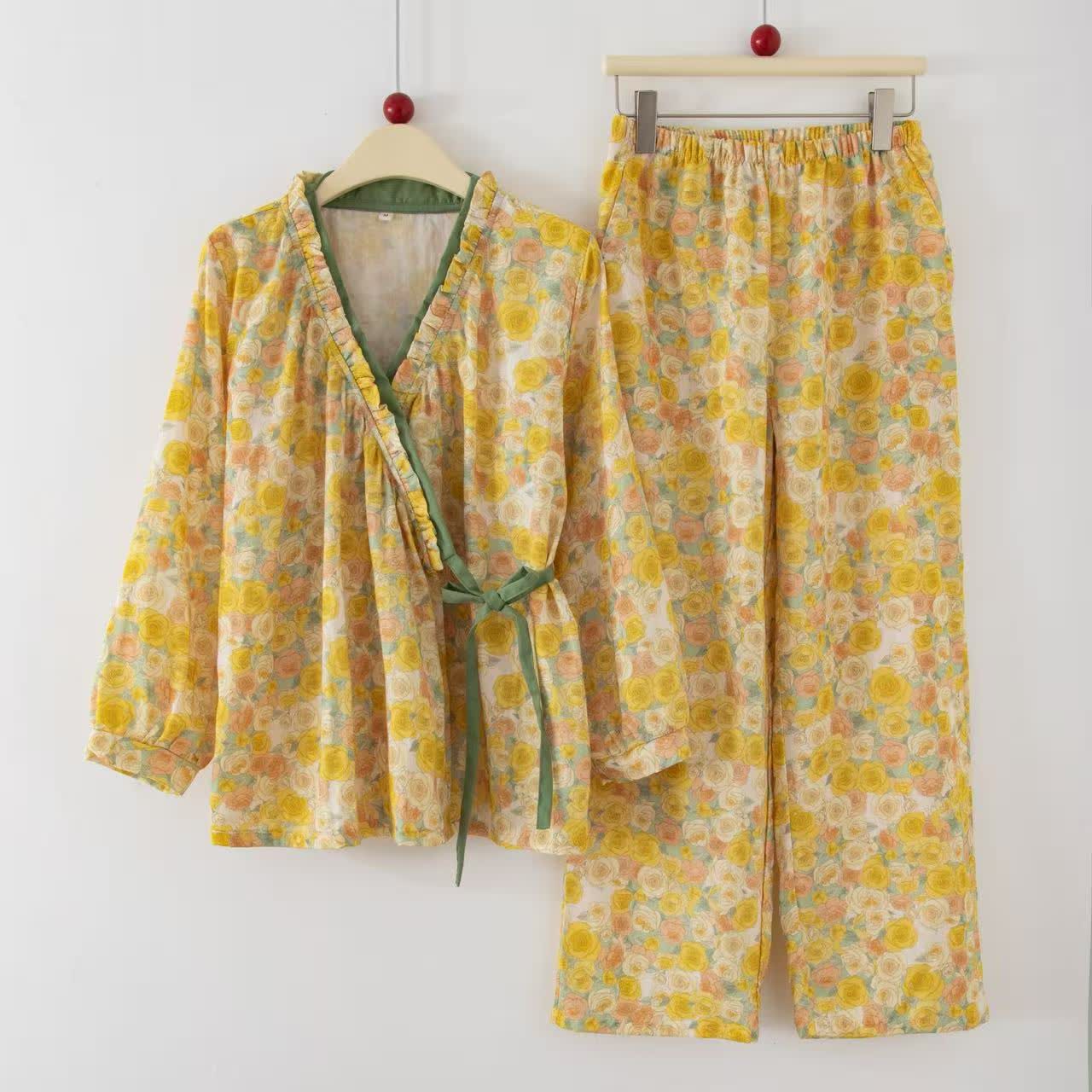 Ownkoti Yellow Floral Cotton Ruffle Wrap Loungewear Set - Yellow - XL - image 0