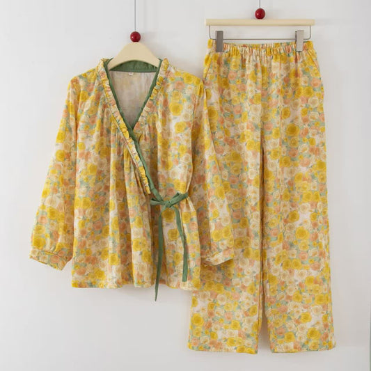 Ownkoti Yellow Floral Cotton Ruffle Wrap Loungewear Set - Yellow - XL - image 0