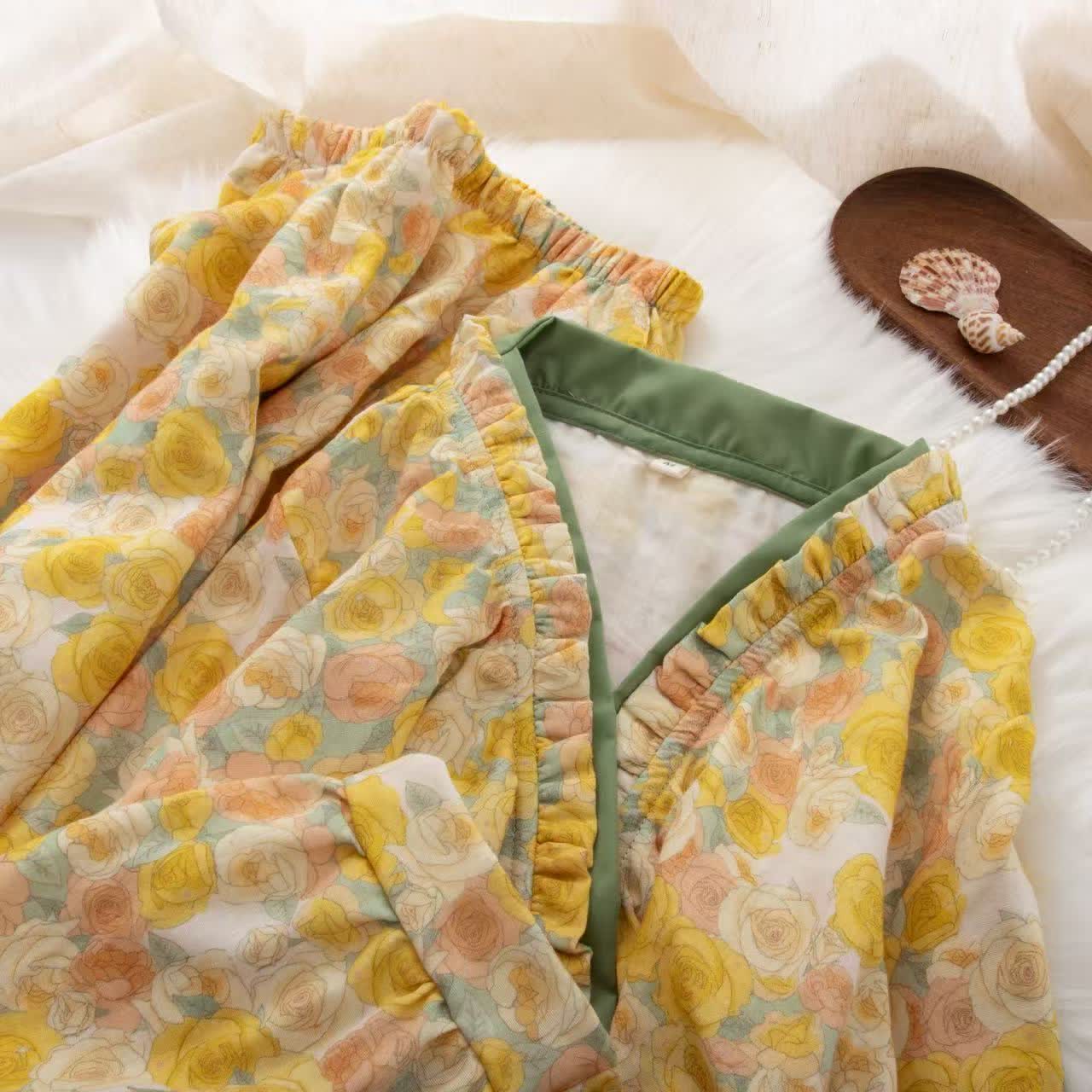 Ownkoti Yellow Floral Cotton Ruffle Wrap Loungewear Set - image 1