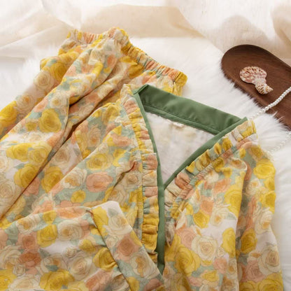 Ownkoti Yellow Floral Cotton Ruffle Wrap Loungewear Set - image 1
