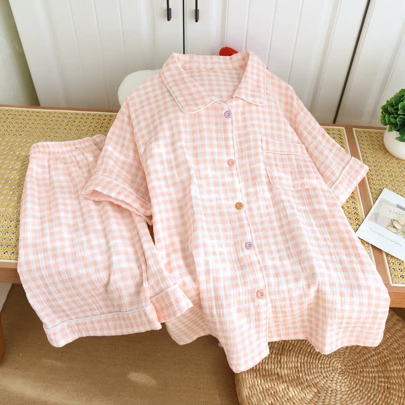 Ownkoti Gingham Cotton Gauze Pajamas with Colorful Buttons - Pink - XL - image 5