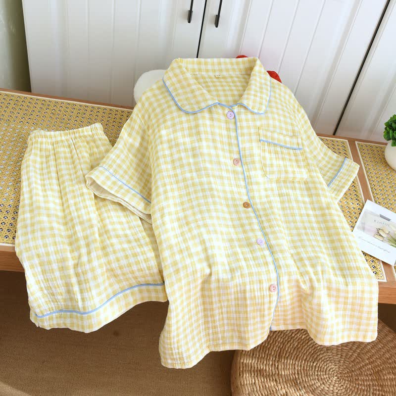 Ownkoti Gingham Cotton Gauze Pajamas with Colorful Buttons - Yellow - XL - image 15