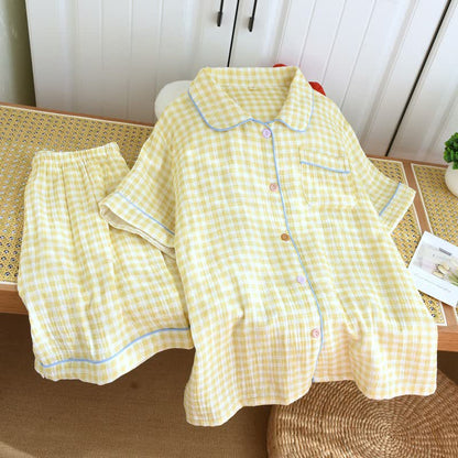 Ownkoti Gingham Cotton Gauze Pajamas with Colorful Buttons - Yellow - XL - image 15