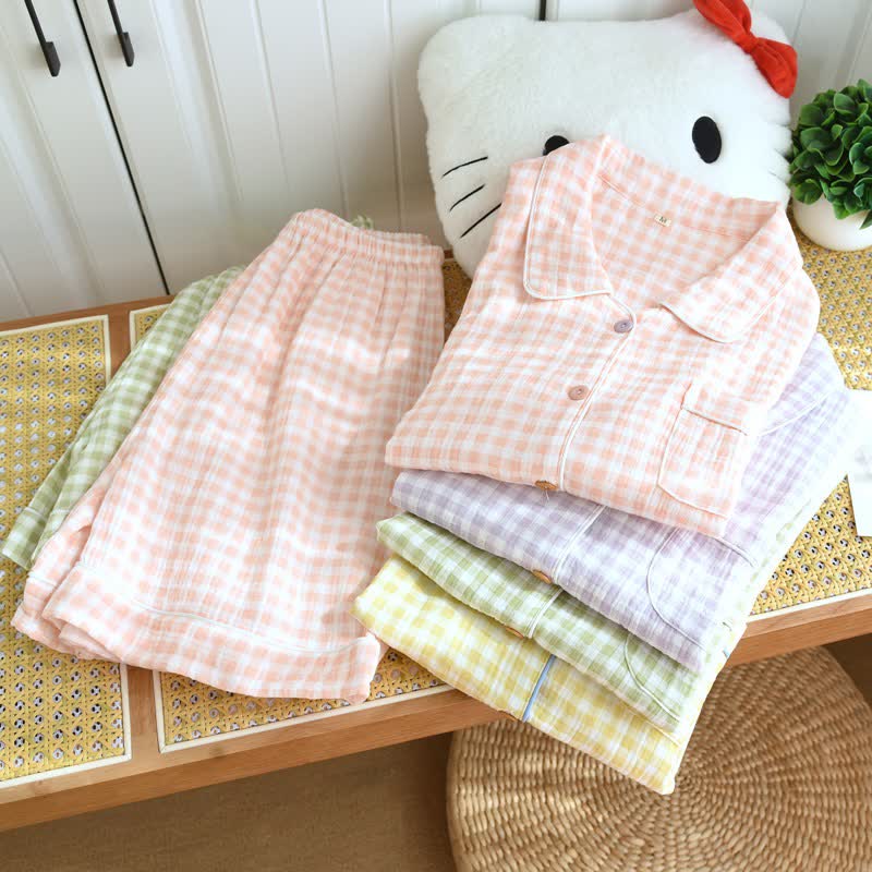 Ownkoti Gingham Cotton Gauze Pajamas with Colorful Buttons - image 1