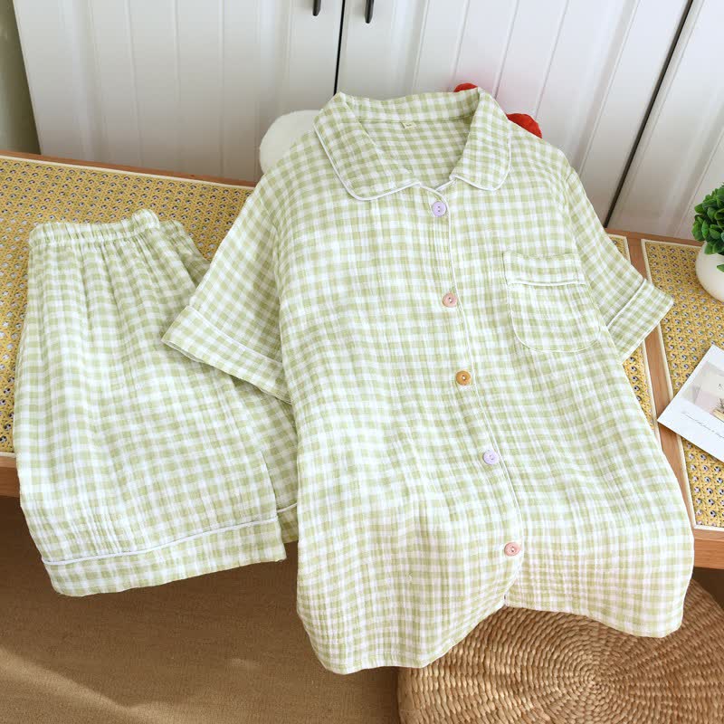 Ownkoti Gingham Cotton Gauze Pajamas with Colorful Buttons - Green - XL - image 16
