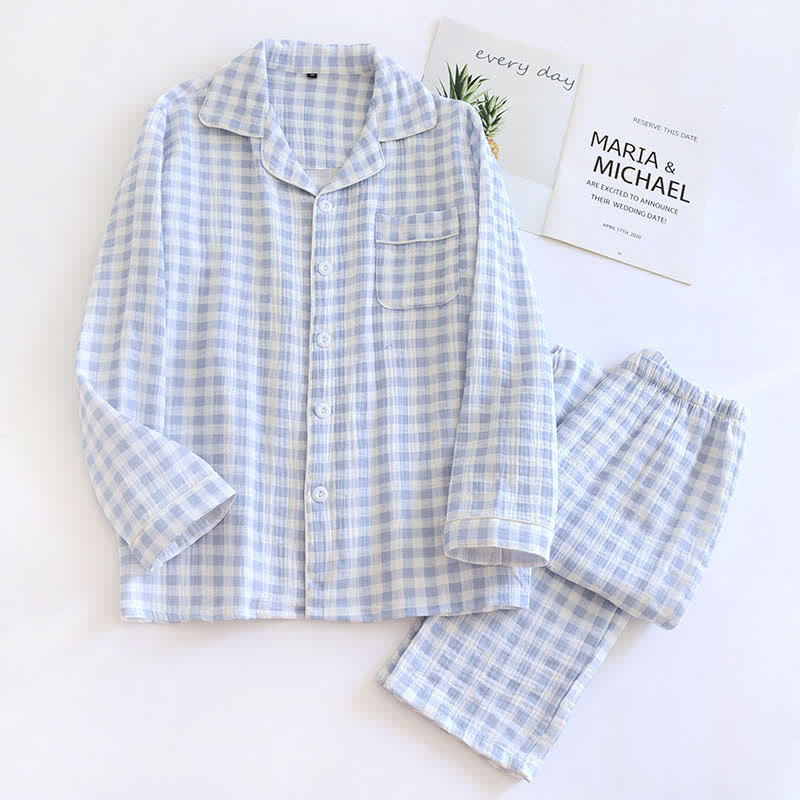 Ownkoti Matching Couples Plaid Cotton Gauze Pajamas - Blue - XL (Men) - image 6
